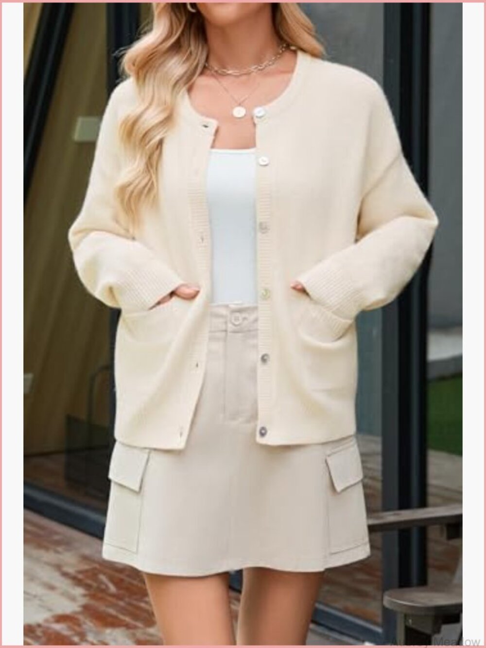 Long Sleeve Knit Cardigan Sweater Crewneck Button Open Front with Pockets - Picture 3 of 7